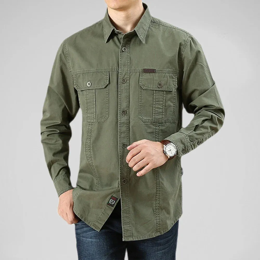 -  100% Cotton Men's Shirt Solid Color Multi-Pocket High Quality Cargo Shirts Fashion Outdoor Casual Long Sleeve Shirts For Men New