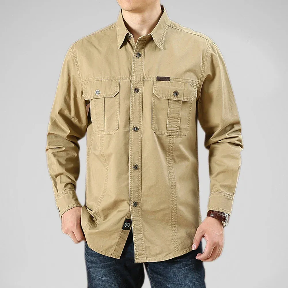 -  100% Cotton Men's Shirt Solid Color Multi-Pocket High Quality Cargo Shirts Fashion Outdoor Casual Long Sleeve Shirts For Men New