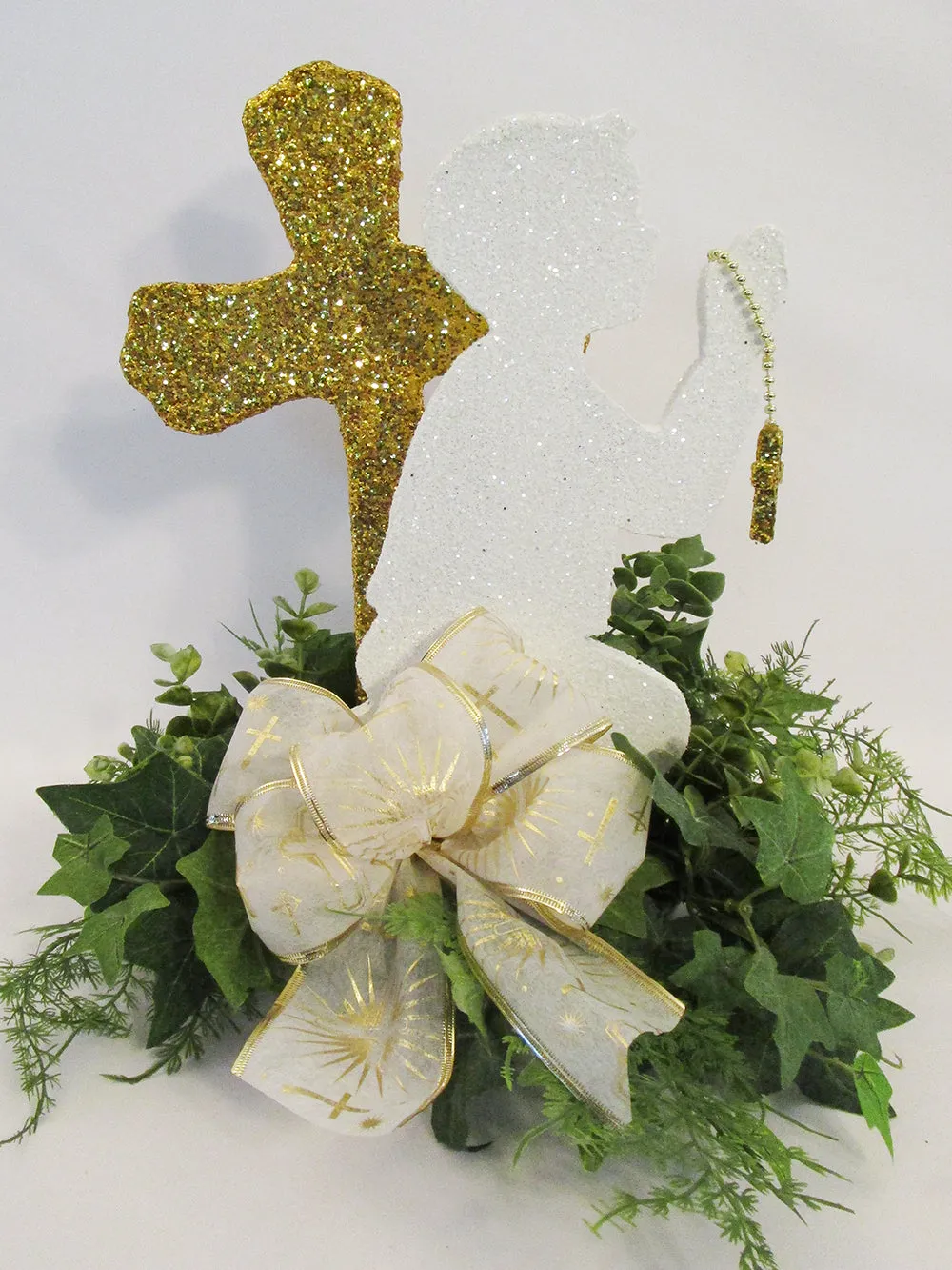 1st Communion Praying boy with Cross Floral Centerpiece