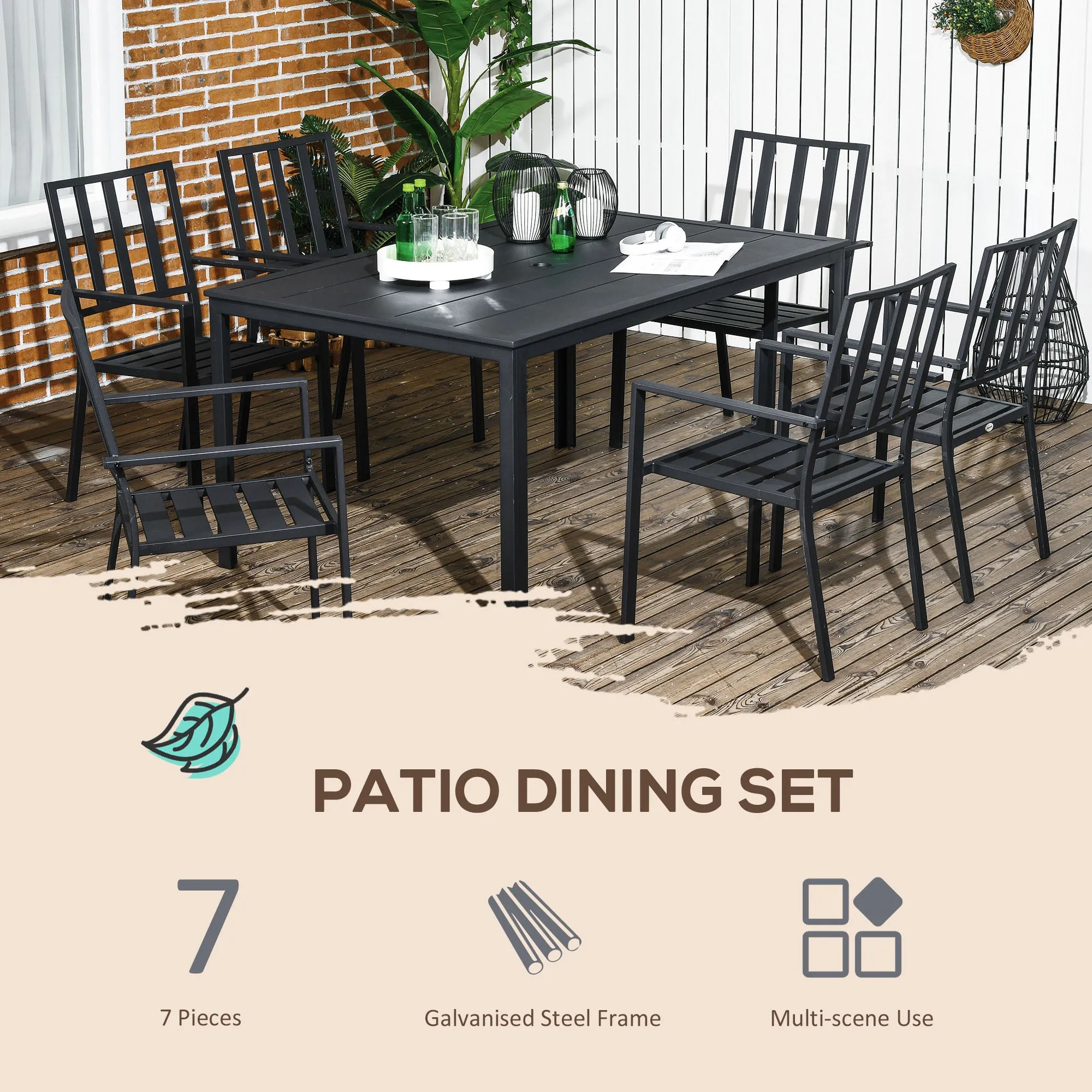 7 Pieces Garden Dining Set, Outdoor Table and 6 Stackable Chairs, Metal Top Table with Umbrella Hole, Black