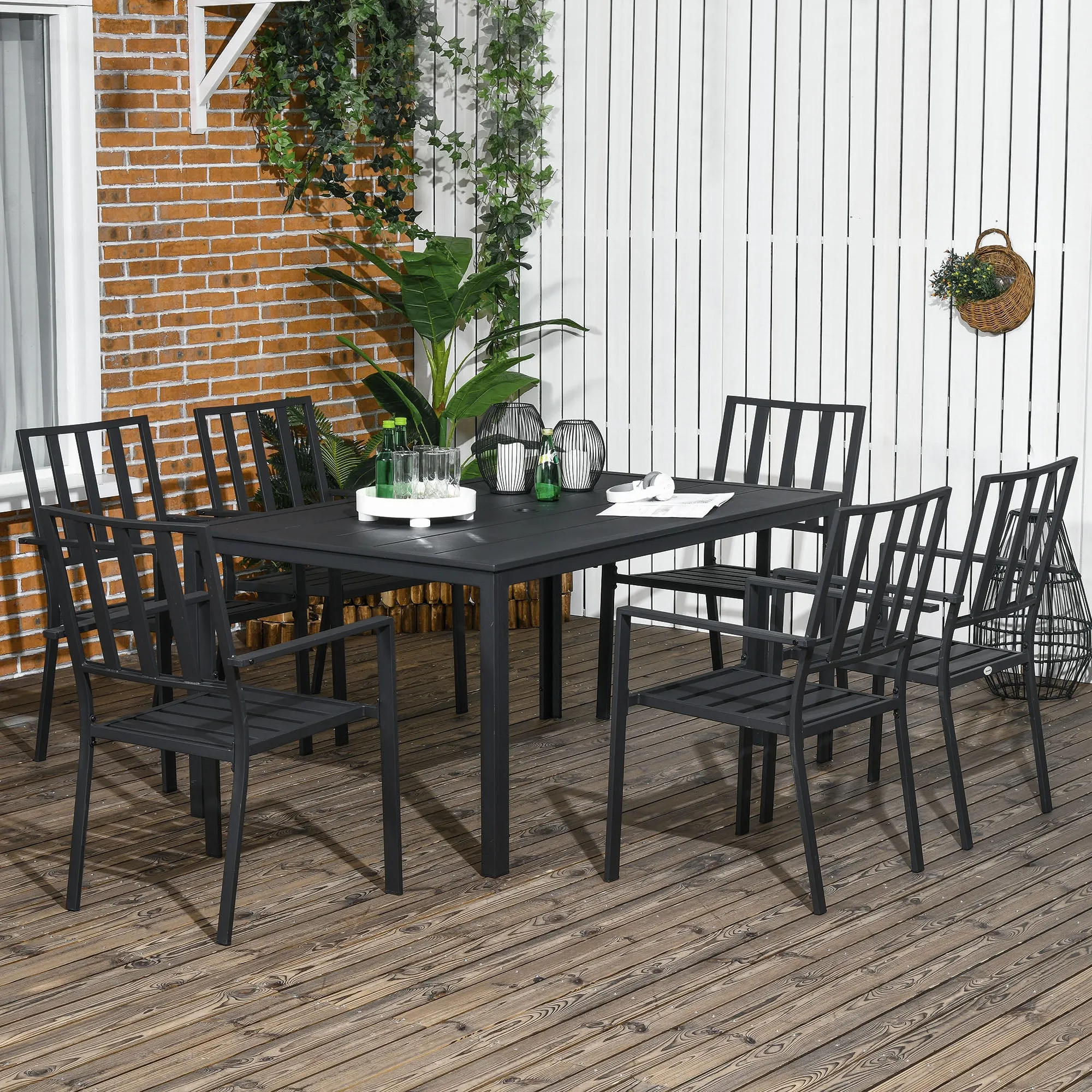 7 Pieces Garden Dining Set, Outdoor Table and 6 Stackable Chairs, Metal Top Table with Umbrella Hole, Black