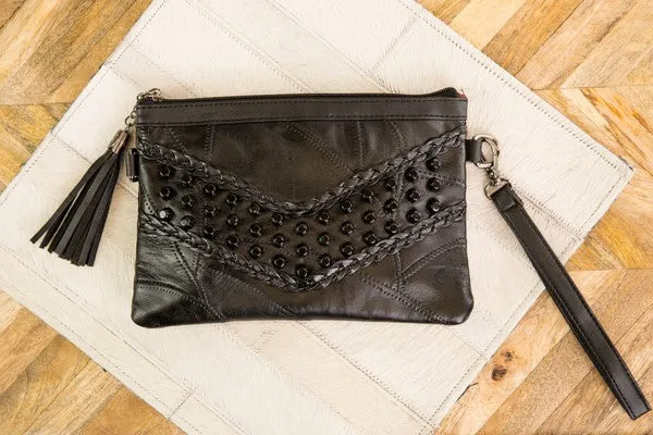 A Sure Thing - V Studded Black Wristlet Clutch Handbag