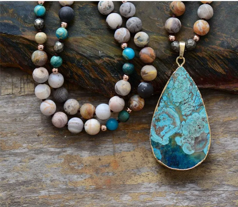 Absolutely Stunning!!!Natural Ocean Stone Necklace with Teardrop Shaped Pendant