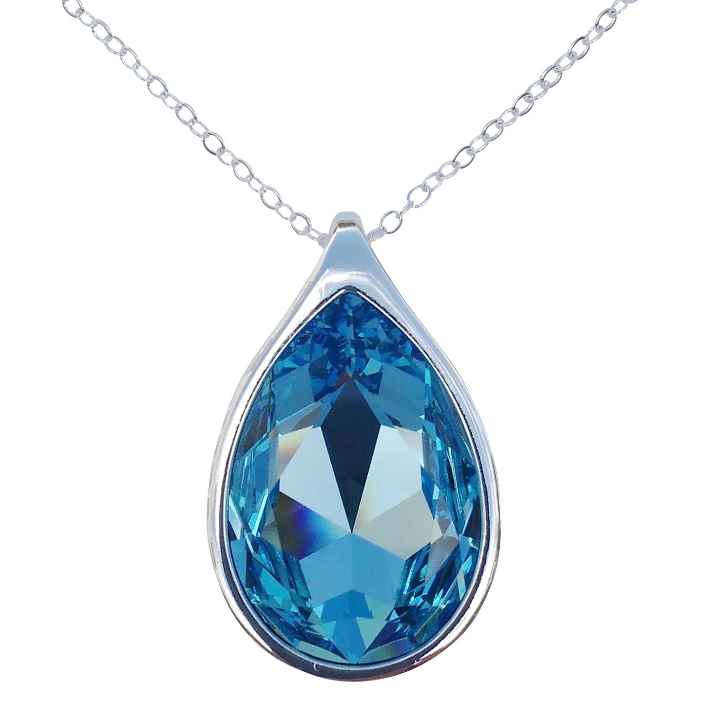 Aquamarine Swarovski Crystal Pear/Teardrop Pendant on 18" 2mm Silver-Plated Necklace