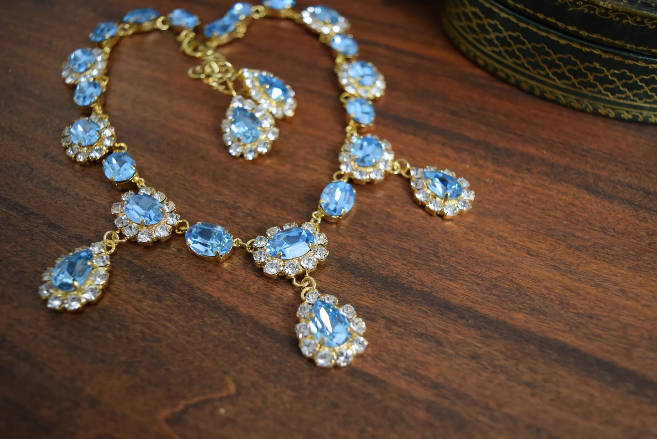 Aquamarine Swarovski Halo Necklace with Teardrops - Medium Oval