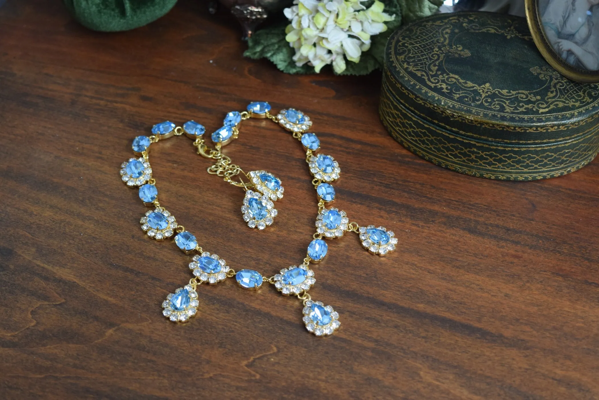 Aquamarine Swarovski Halo Necklace with Teardrops - Medium Oval