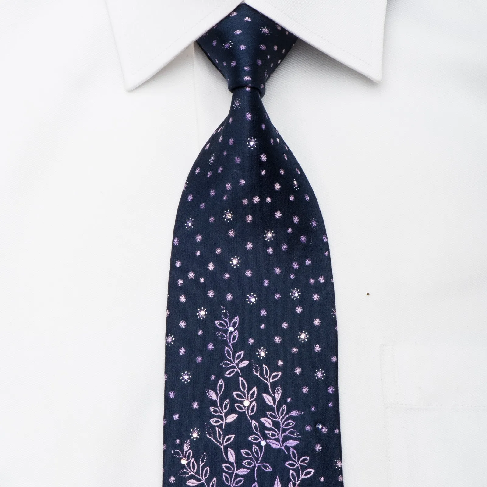 Aquascutum Mens Rhinestone Tie Purple Leaves On Navy Blue With Sparkles