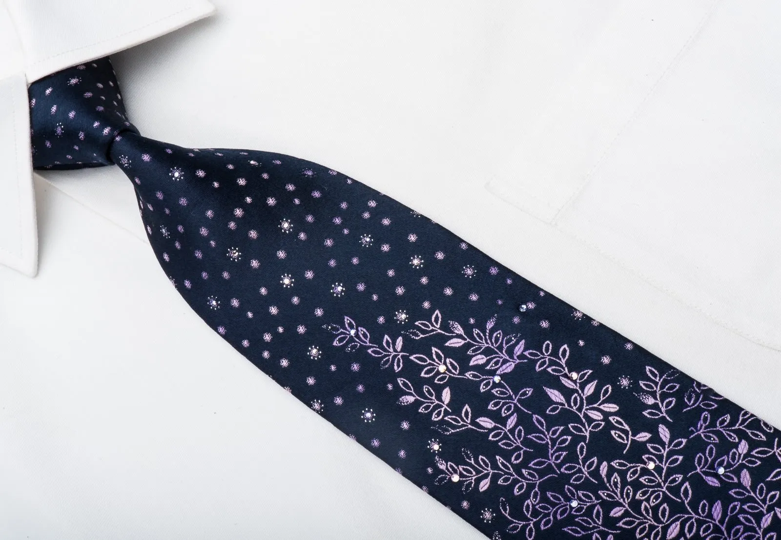 Aquascutum Mens Rhinestone Tie Purple Leaves On Navy Blue With Sparkles