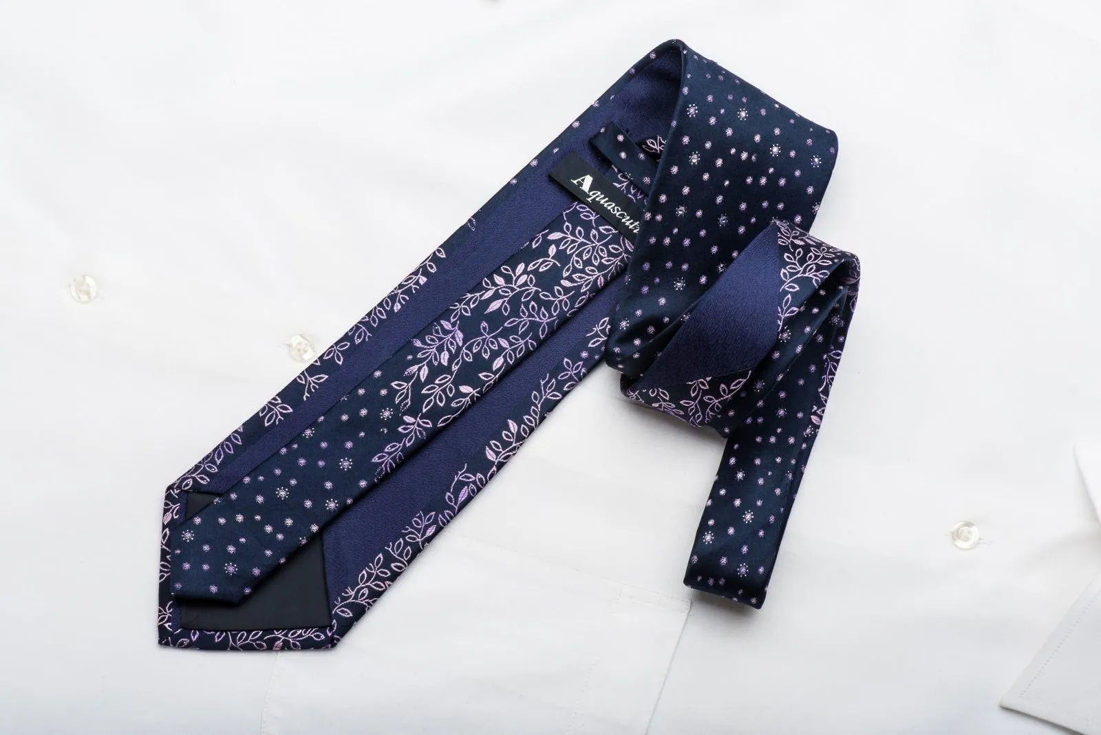 Aquascutum Mens Rhinestone Tie Purple Leaves On Navy Blue With Sparkles