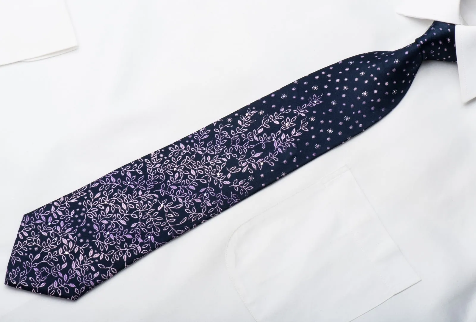 Aquascutum Mens Rhinestone Tie Purple Leaves On Navy Blue With Sparkles