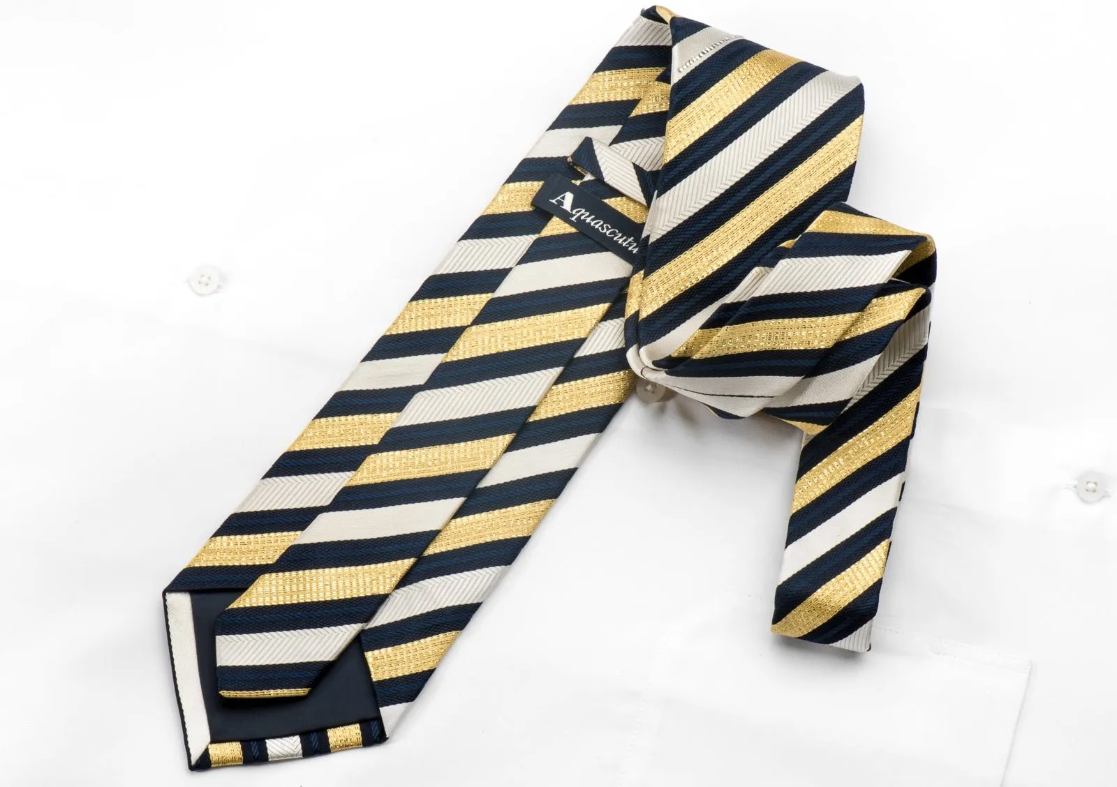 Aquascutum Men's Silk Rhinestone Necktie Gold Blue Ivory Striped With Gold Sparkles