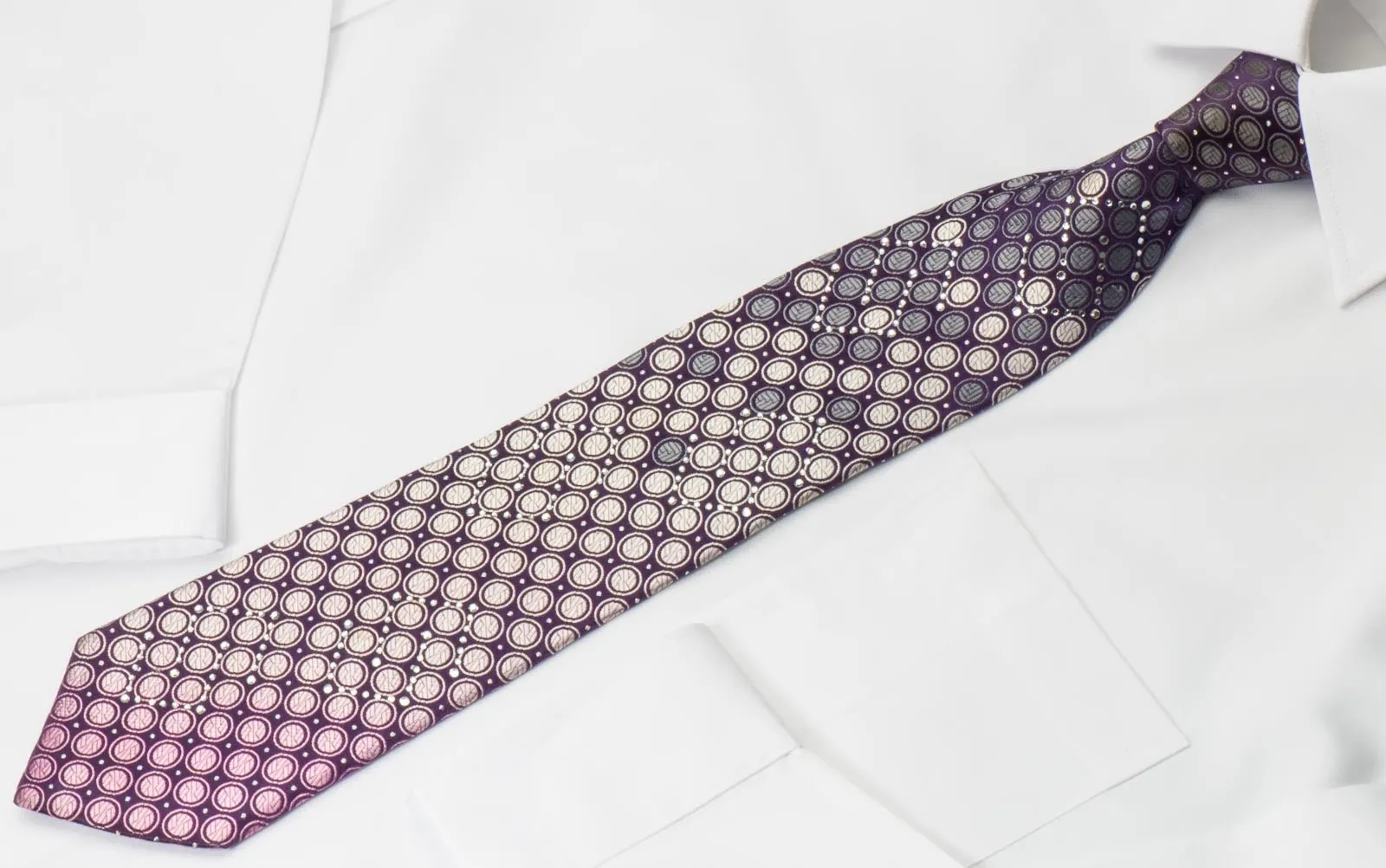 Aquascutum Rhinestone Tie Silver Geometric Dots On Purple With Silver Sparkles