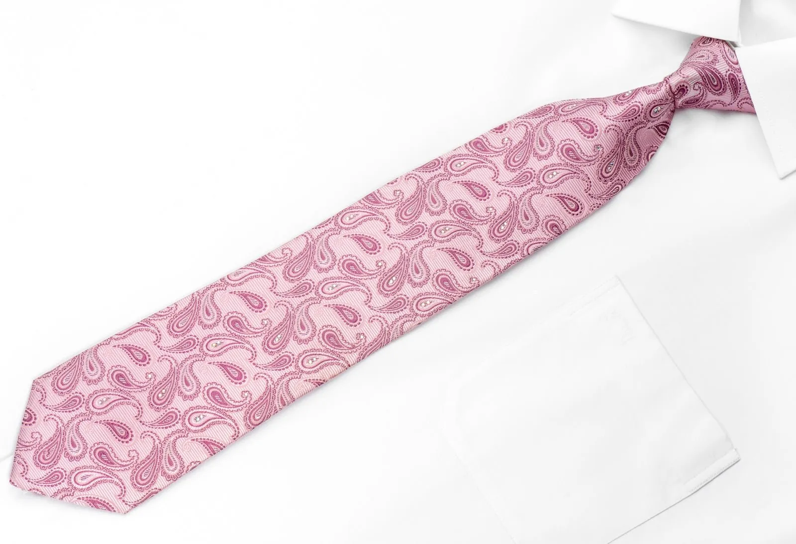 Austin Reed Men's Rhinestone Silk Necktie Paisley On Pink With Silver Sparkles