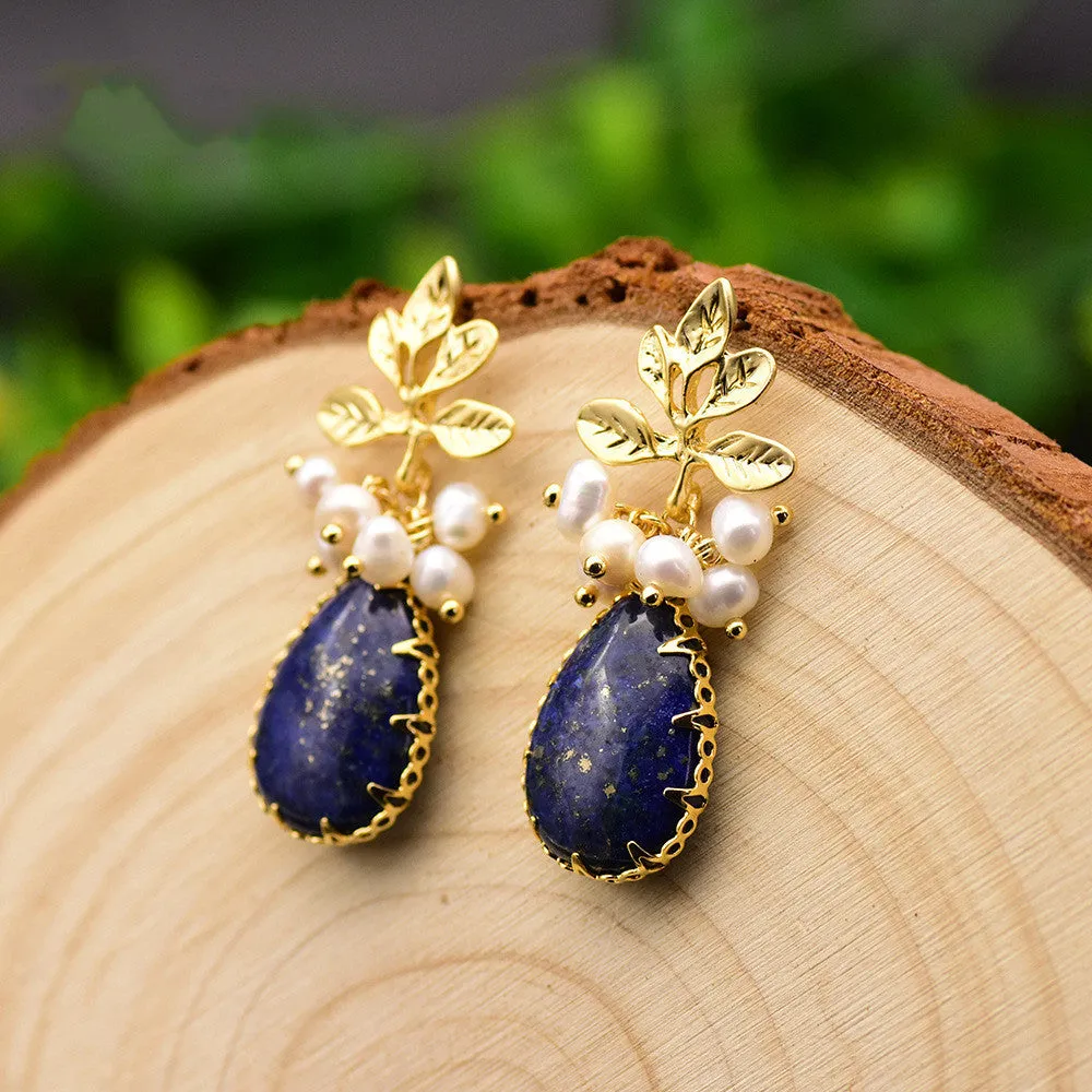 Baroque pearl lapis lazuli branch earrings