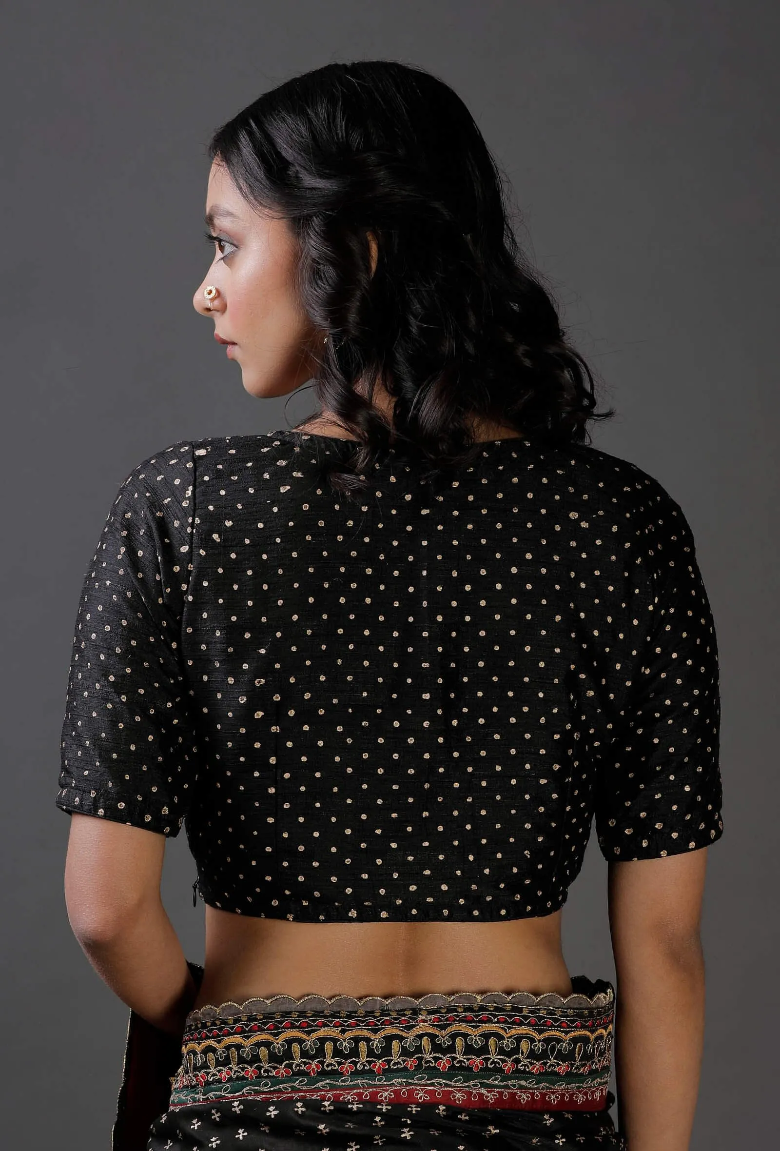 Black Raw Silk Block Printed Blouse