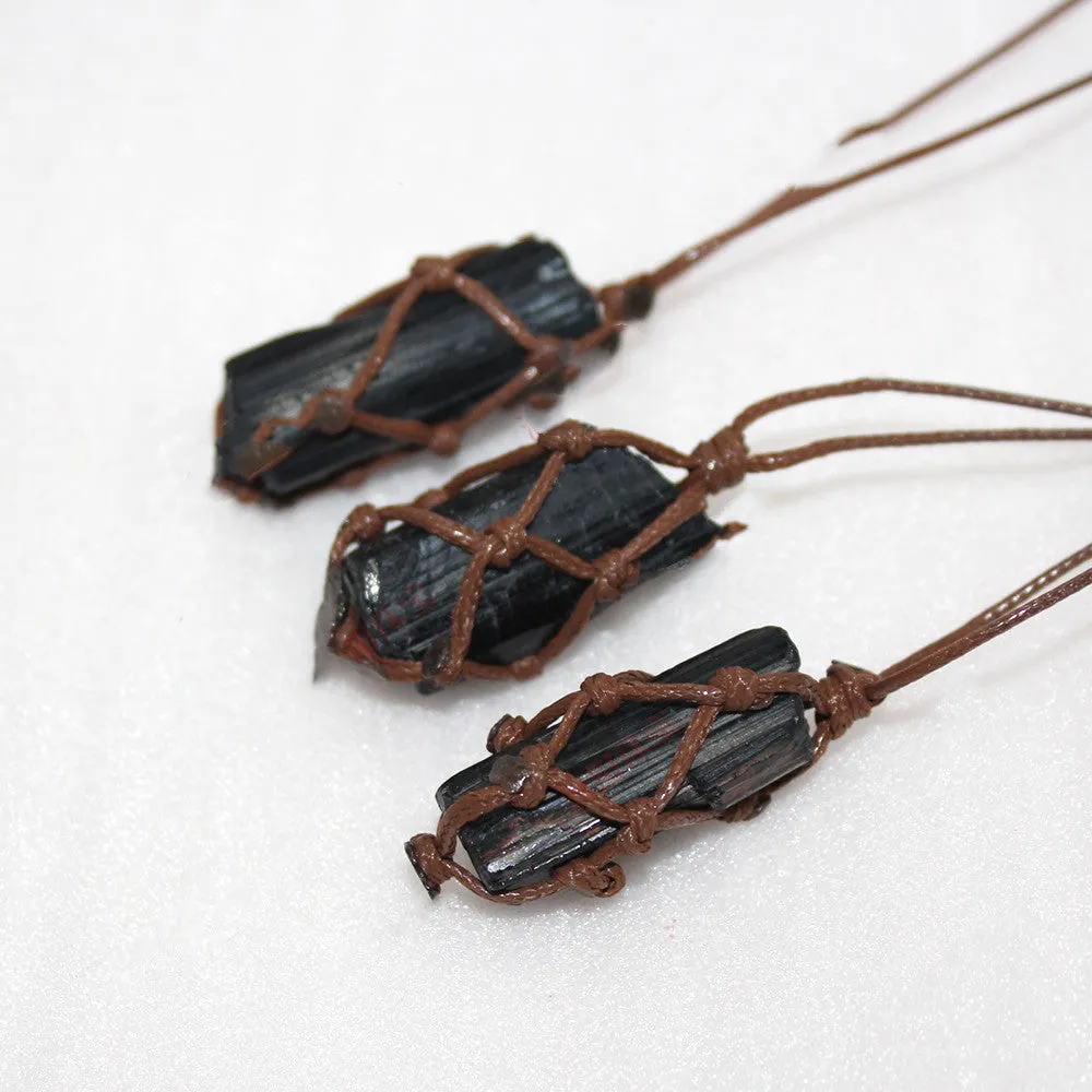 Black Tourmaline Raw Stone Net Bag Necklace