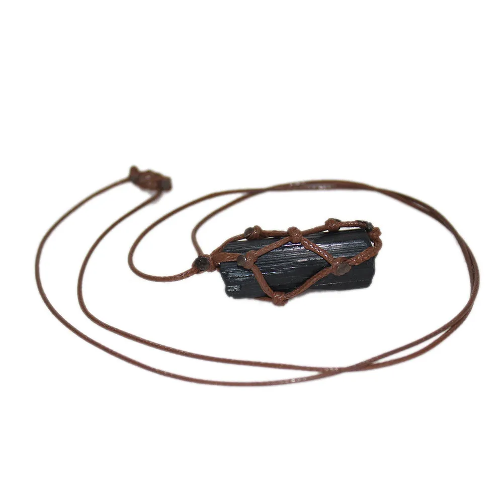 Black Tourmaline Raw Stone Net Bag Necklace