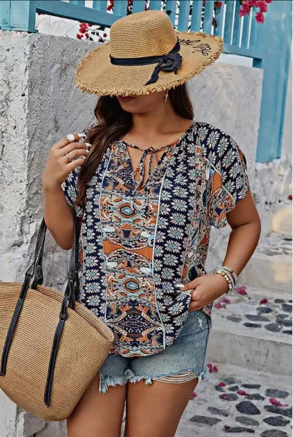 Blouse - Allover Print Boheme Loose Fit Top, Navy, Also Plus Size