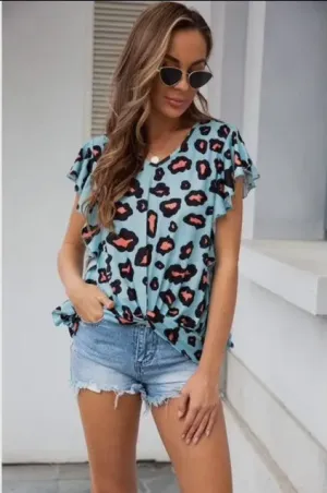 Blouse - V-Neck Leopard Short Sleeve Top, Blue Leopard