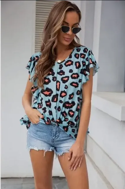 Blouse - V-Neck Leopard Short Sleeve Top, Blue Leopard