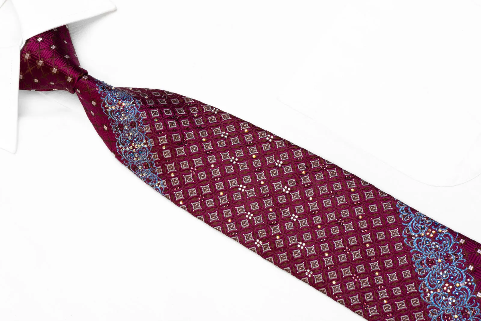 Cabrini Rhinestone Silk Necktie Burgundy Blue Cartouche On Brown With Sparkles