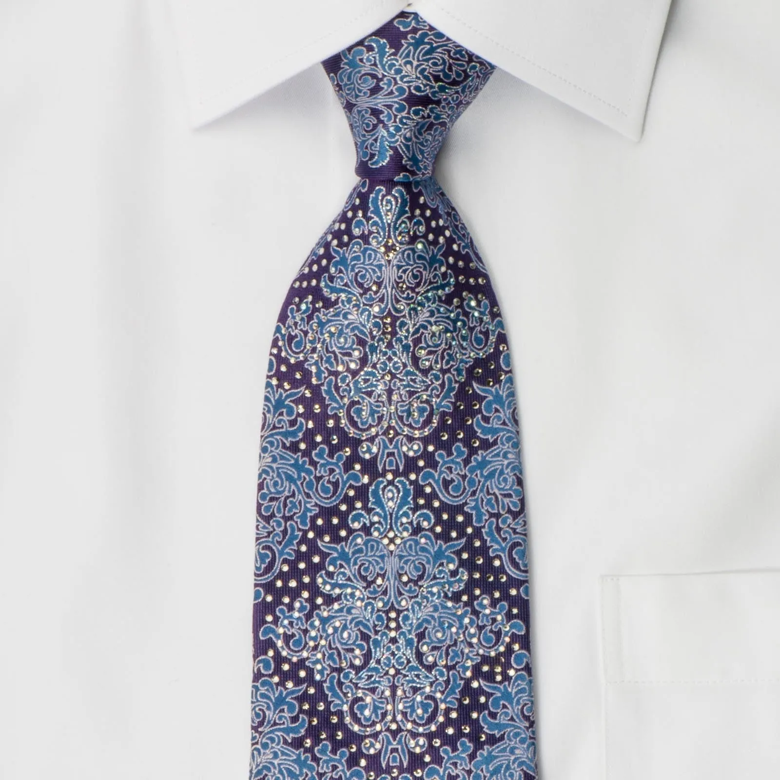 Cabrini Silk Necktie Silver & Blue Damask On Purple With Clear White Rhinestones