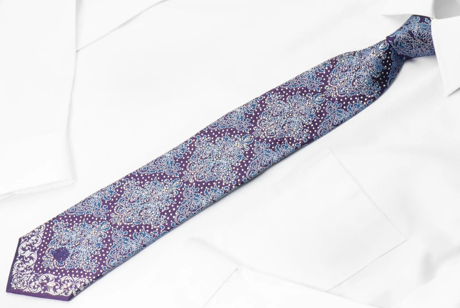 Cabrini Silk Necktie Silver & Blue Damask On Purple With Clear White Rhinestones