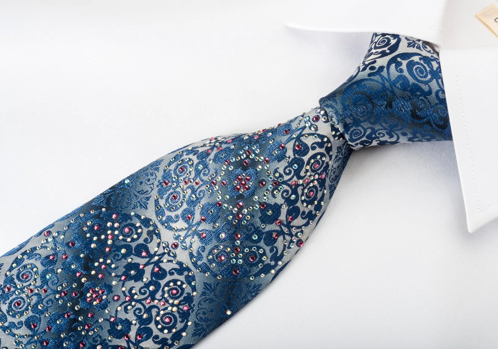 Cabrini Silk Tie Gorgeous Cartouche Damask On Blue With Rhinestones