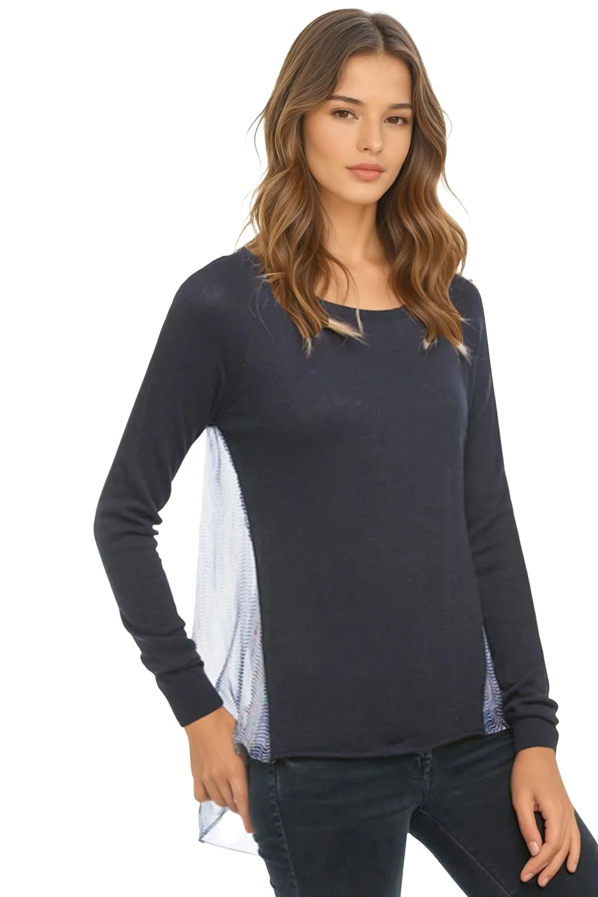 Crewneck Cotton-Cashmere Sweater with Silk Back Panel