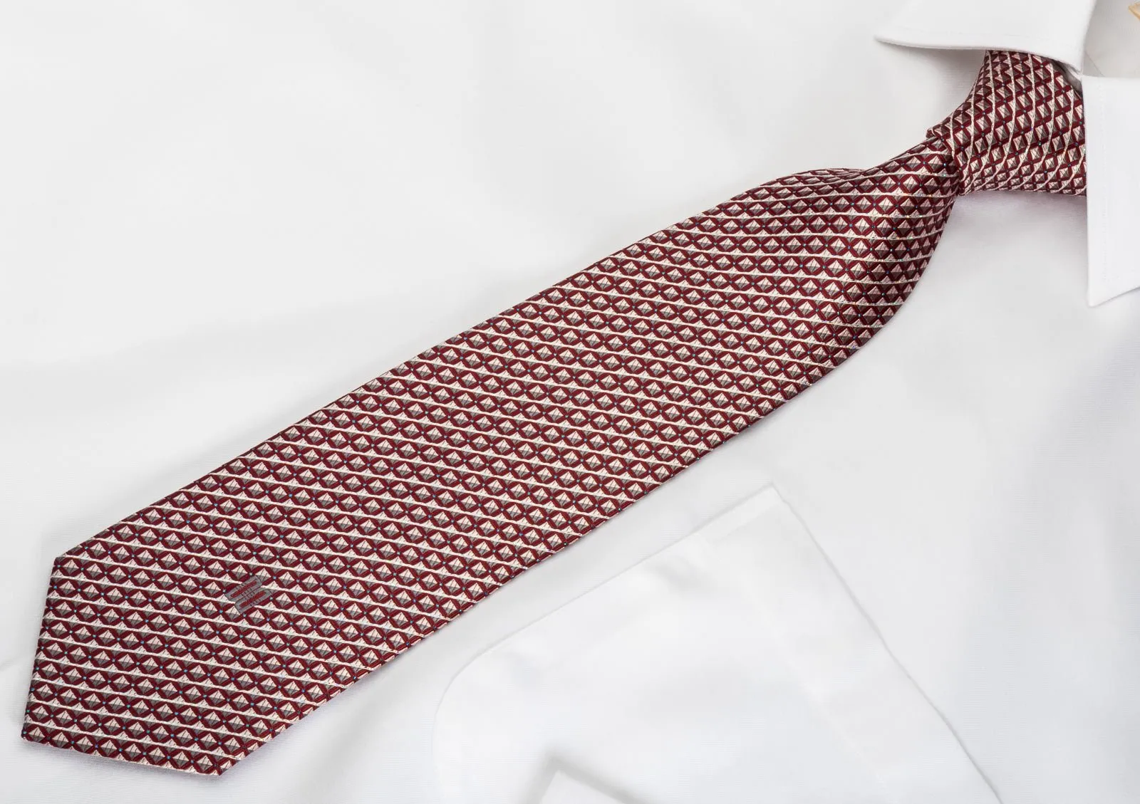 Daks Silk Necktie Silver Striped & Checkered On Burgundy With Silver Sparkles