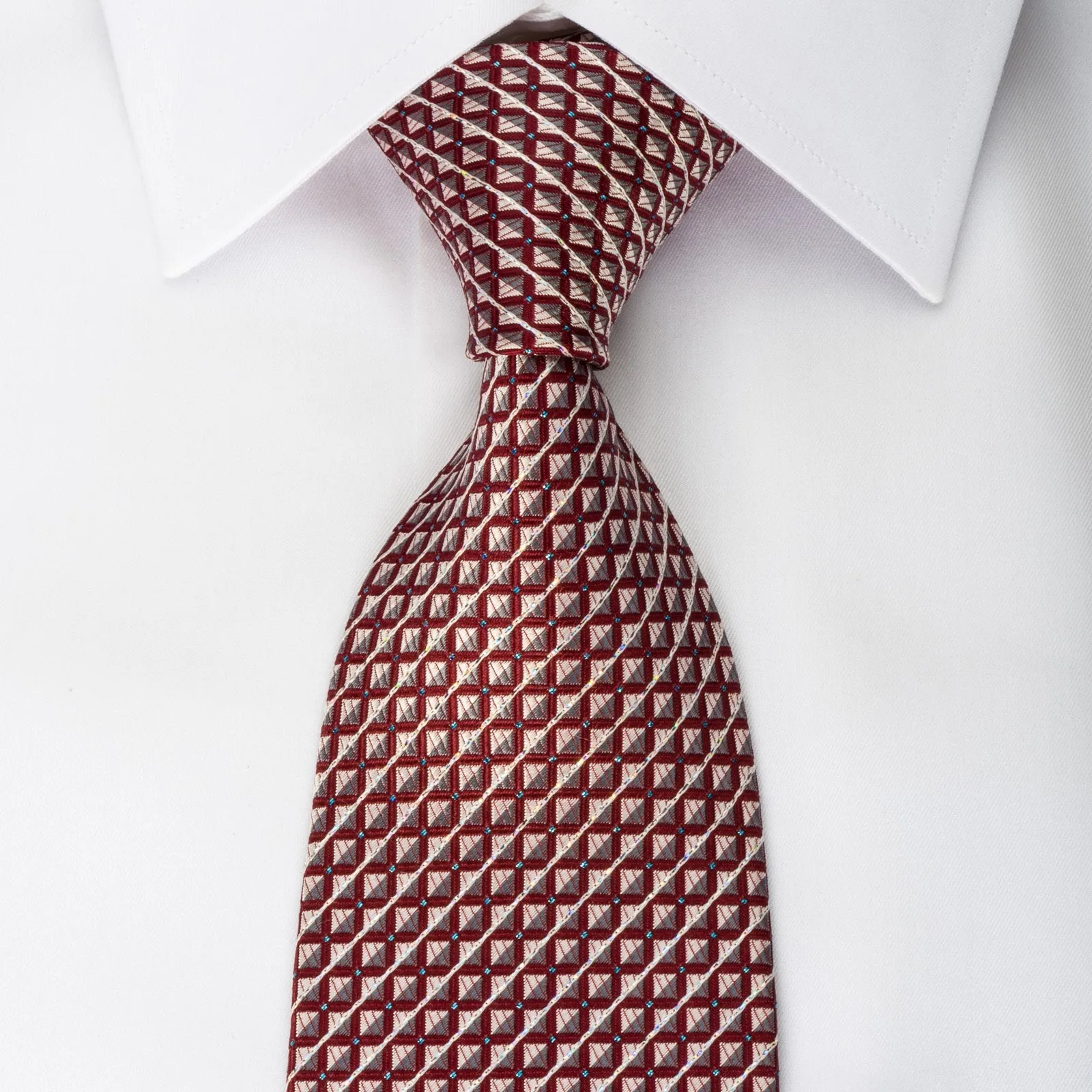 Daks Silk Necktie Silver Striped & Checkered On Burgundy With Silver Sparkles