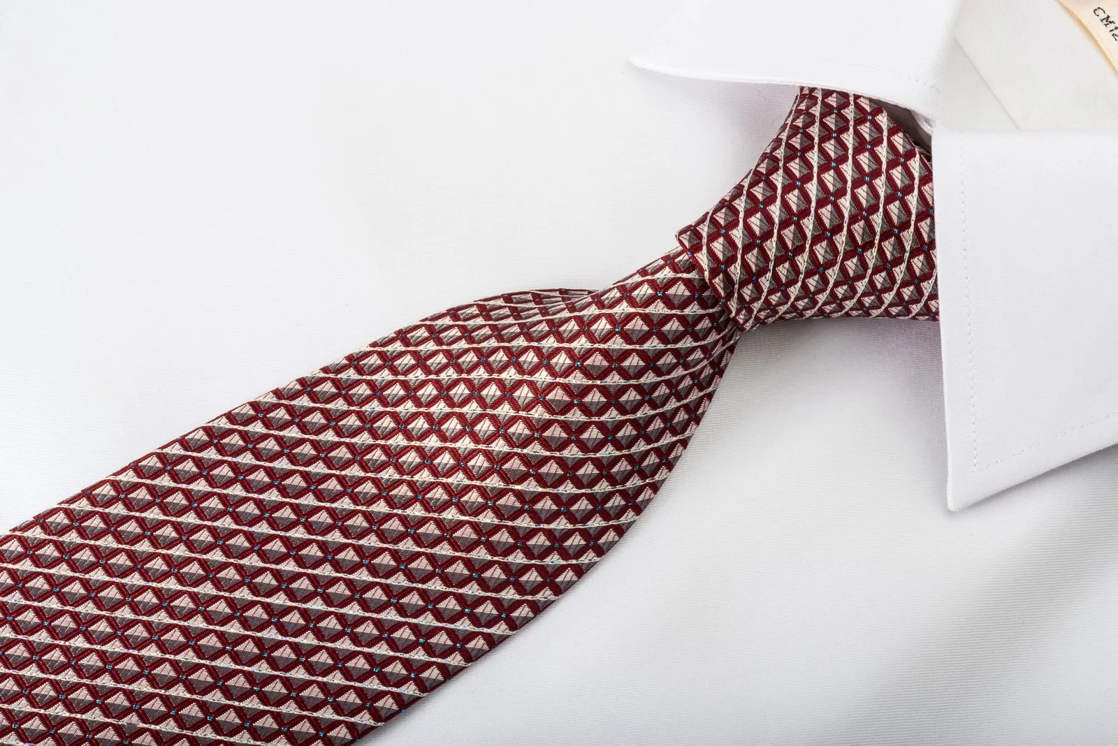 Daks Silk Necktie Silver Striped & Checkered On Burgundy With Silver Sparkles