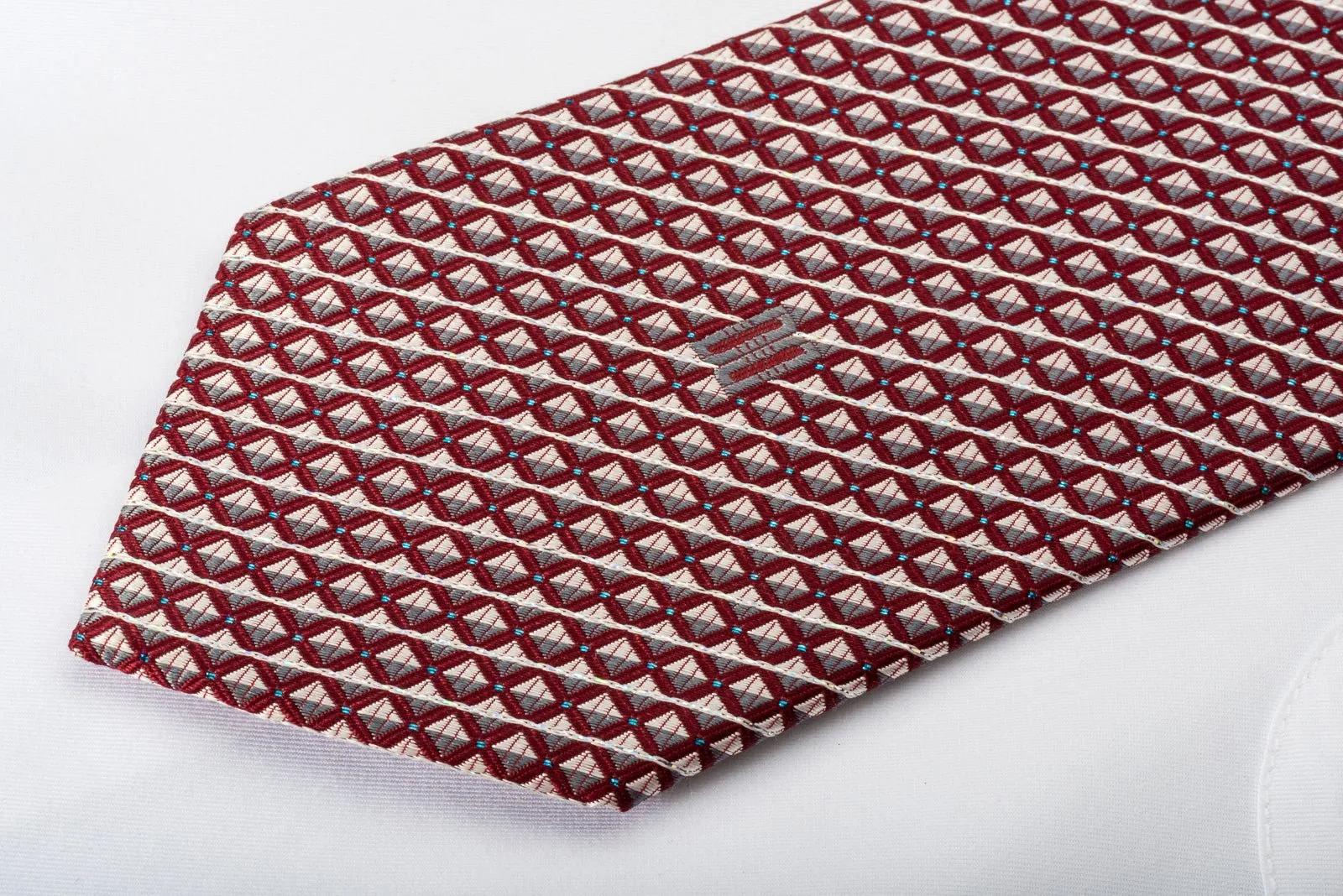 Daks Silk Necktie Silver Striped & Checkered On Burgundy With Silver Sparkles