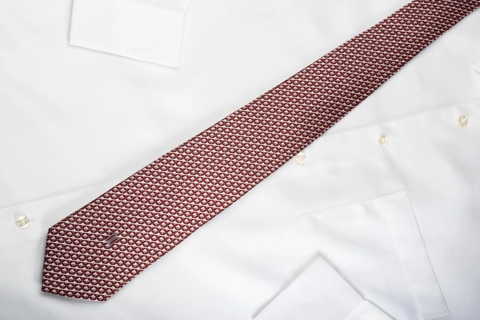 Daks Silk Necktie Silver Striped & Checkered On Burgundy With Silver Sparkles