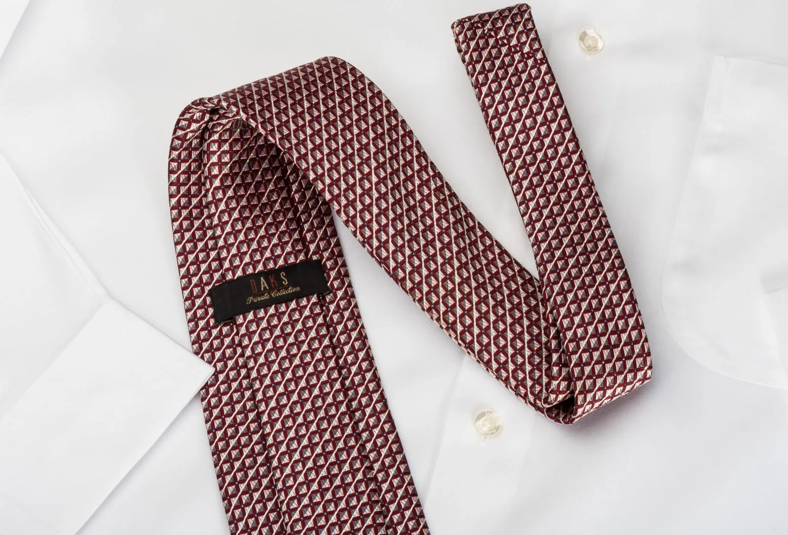 Daks Silk Necktie Silver Striped & Checkered On Burgundy With Silver Sparkles