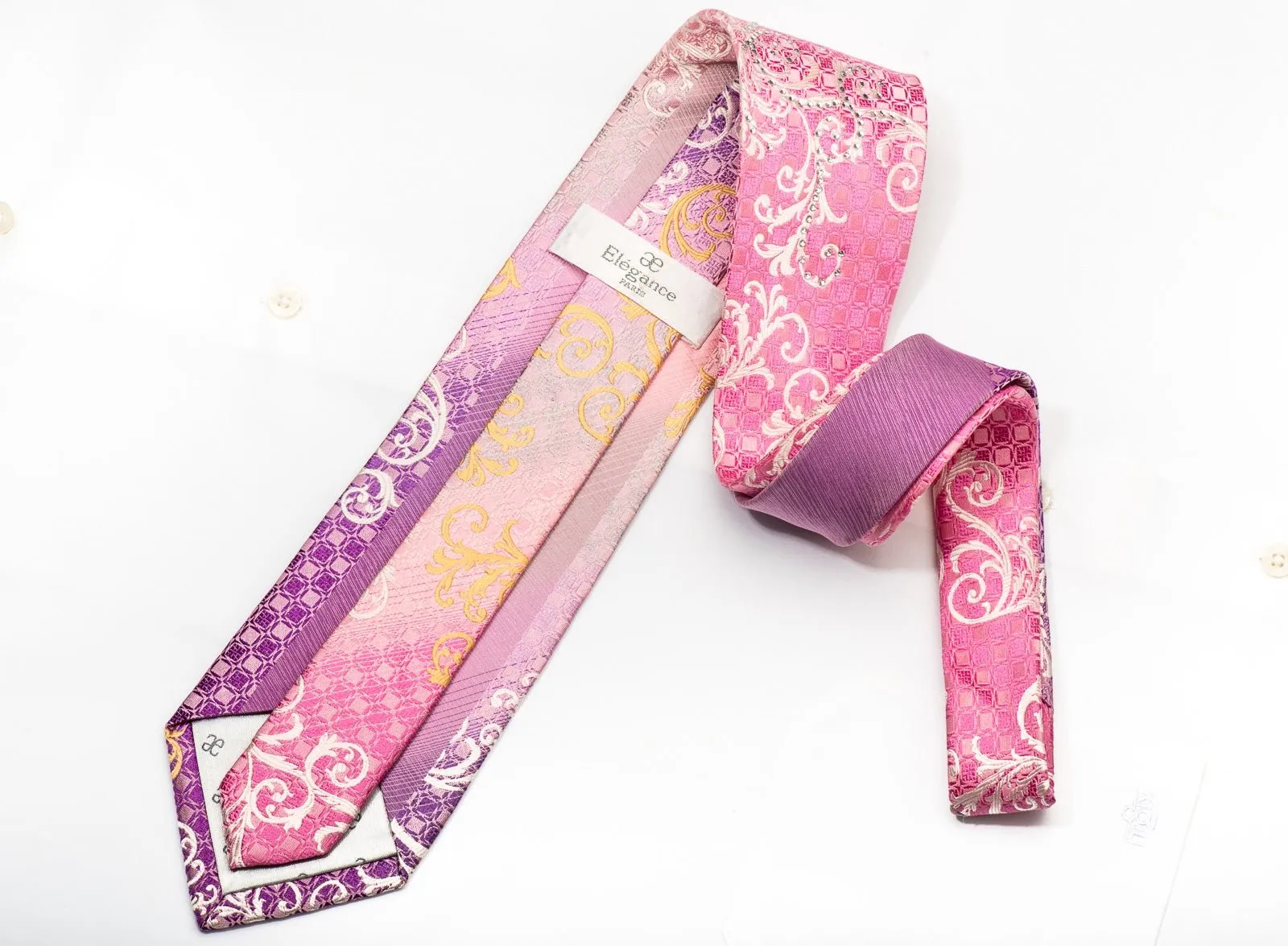 Elegance Mens Silk Necktie Golden Scrolls on Pink Sparkling With Rhhinestones