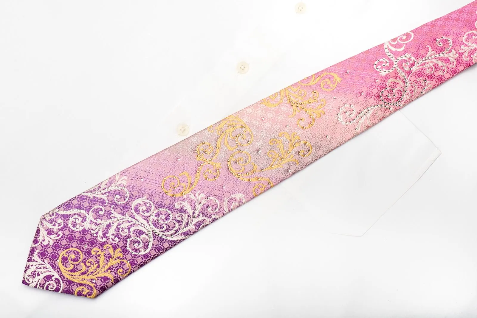 Elegance Mens Silk Necktie Golden Scrolls on Pink Sparkling With Rhhinestones