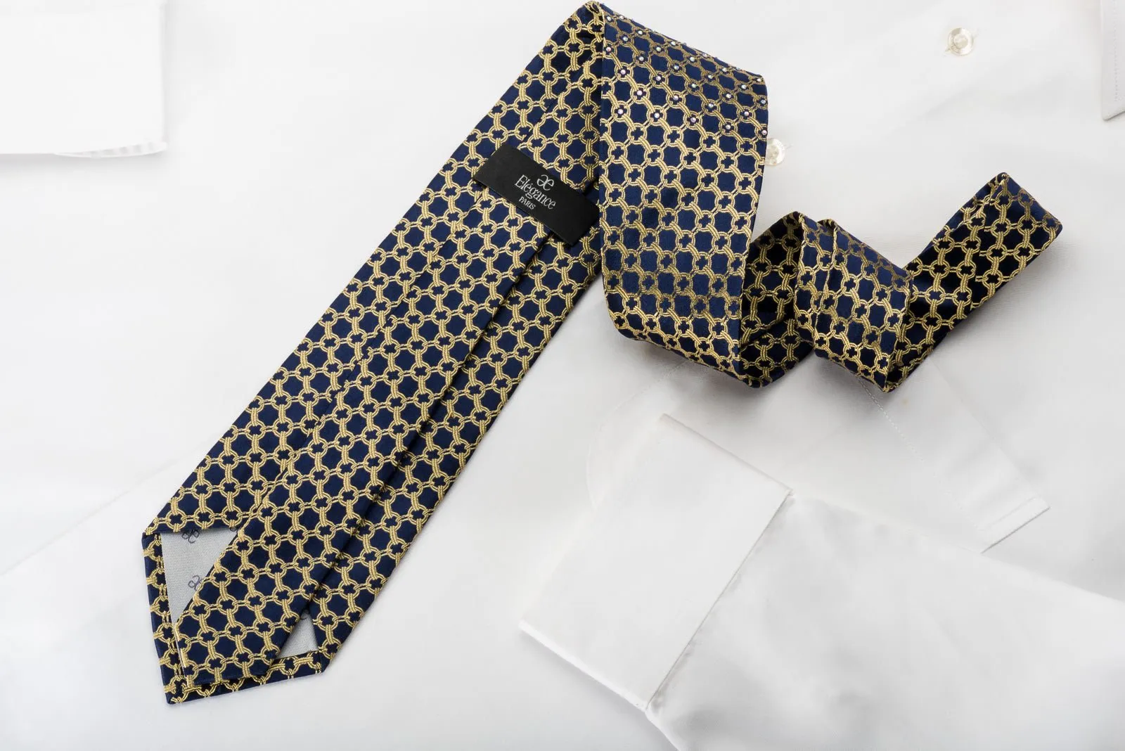 Elegance Silk Necktie Golden Trellis On Navy With Rhinestones