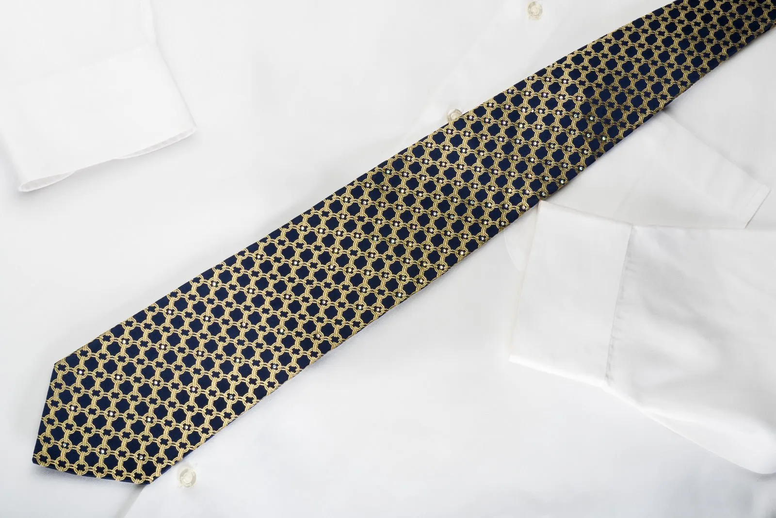 Elegance Silk Necktie Golden Trellis On Navy With Rhinestones