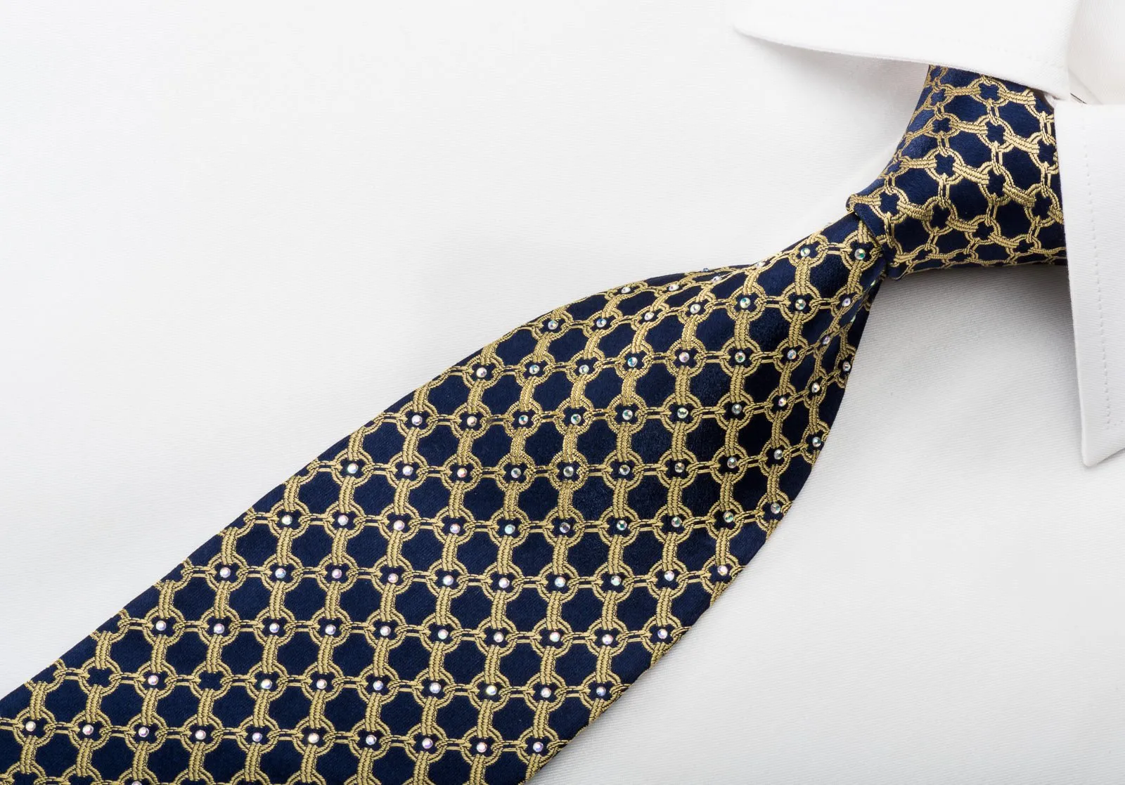 Elegance Silk Necktie Golden Trellis On Navy With Rhinestones