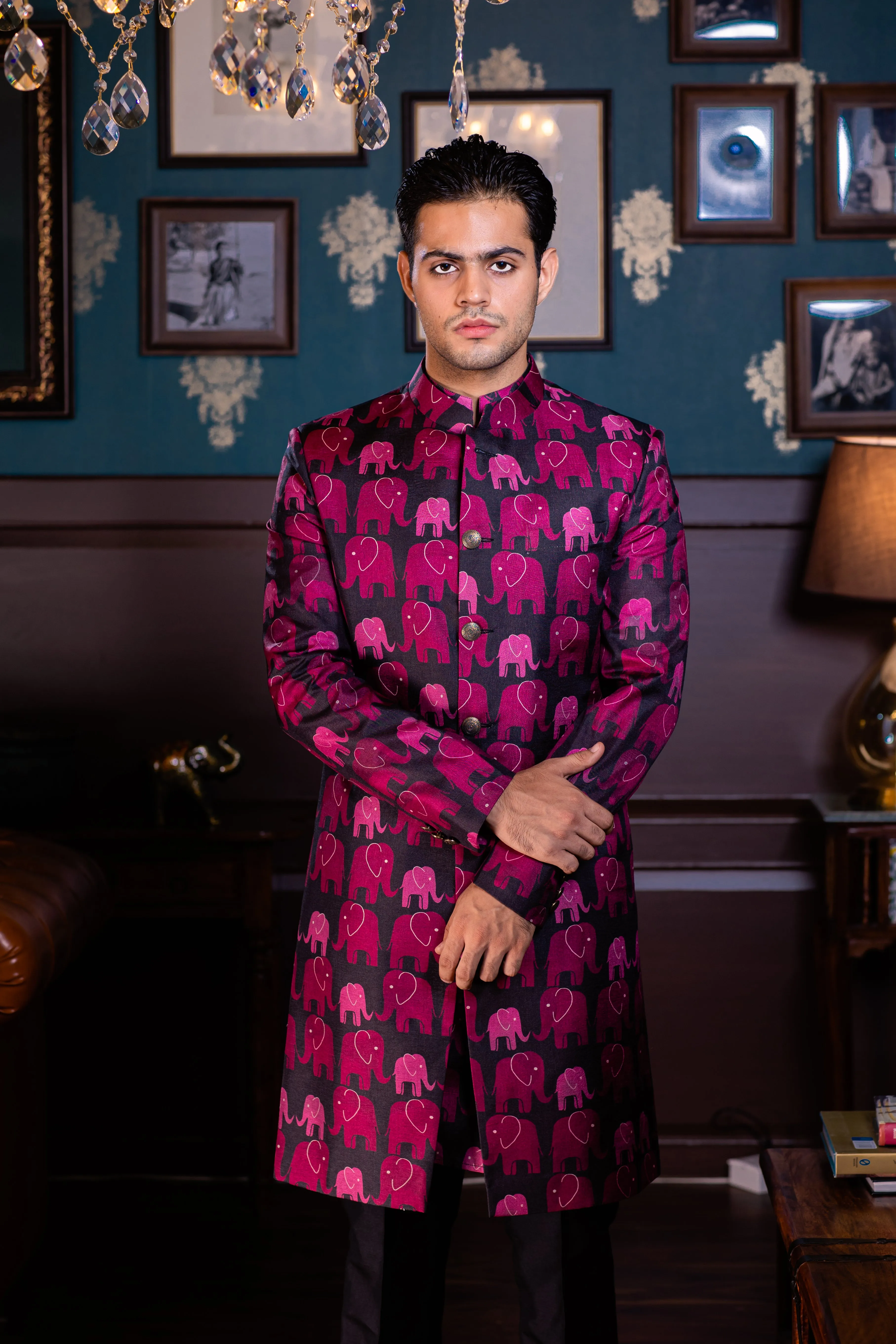 Elephant Crossing - Printed Silk Achkan Set