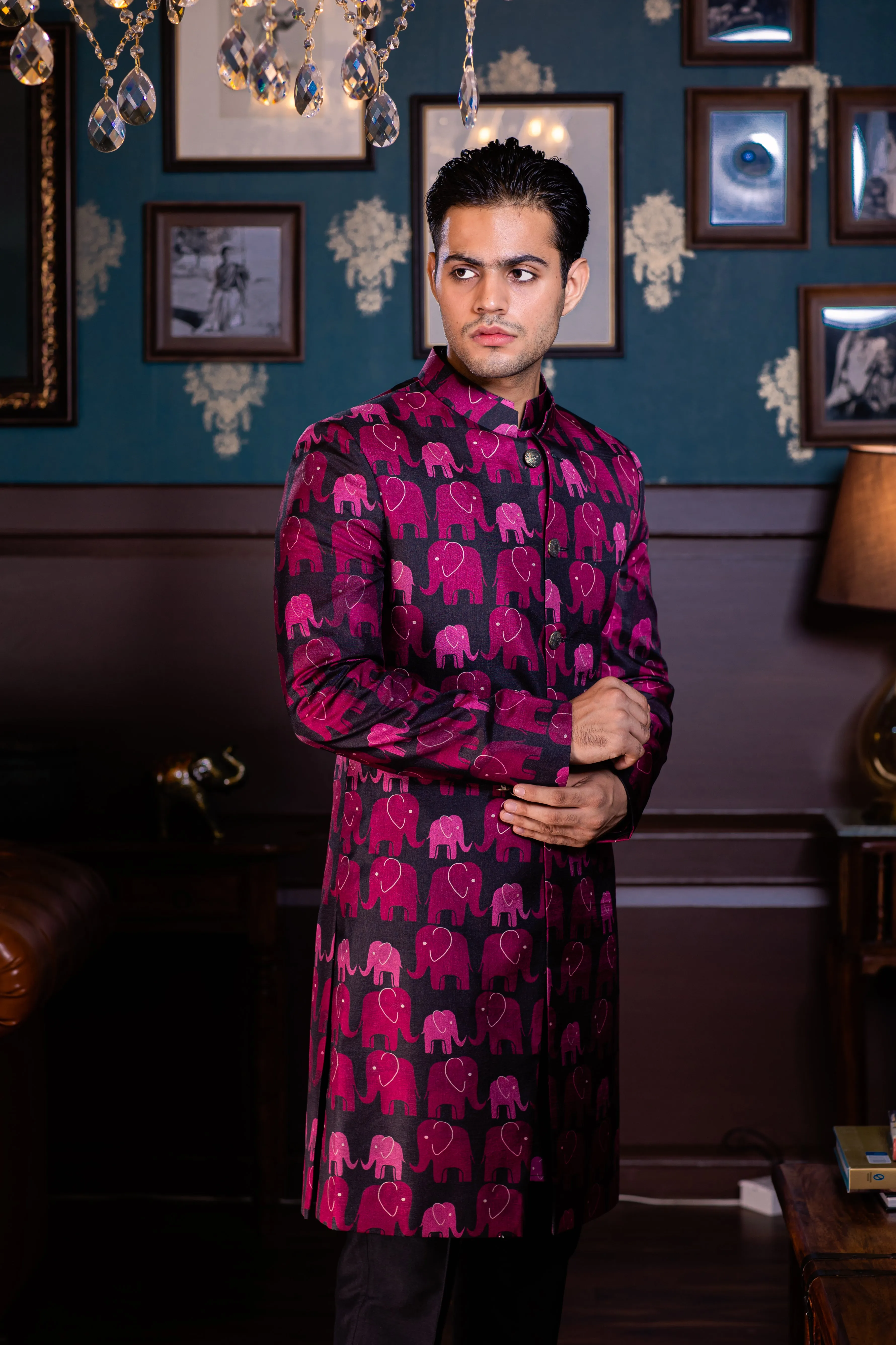 Elephant Crossing - Printed Silk Achkan Set