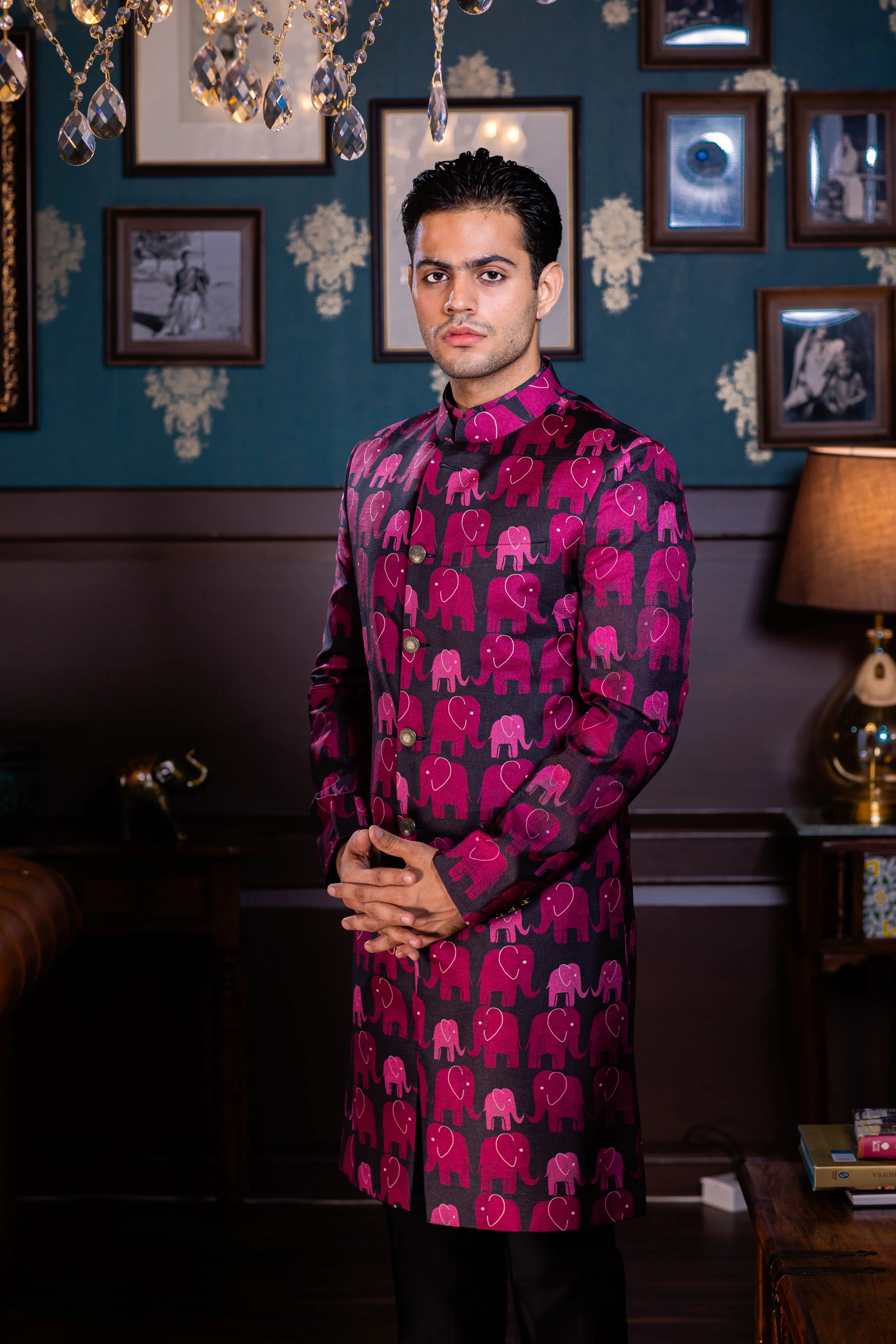 Elephant Crossing - Printed Silk Achkan Set