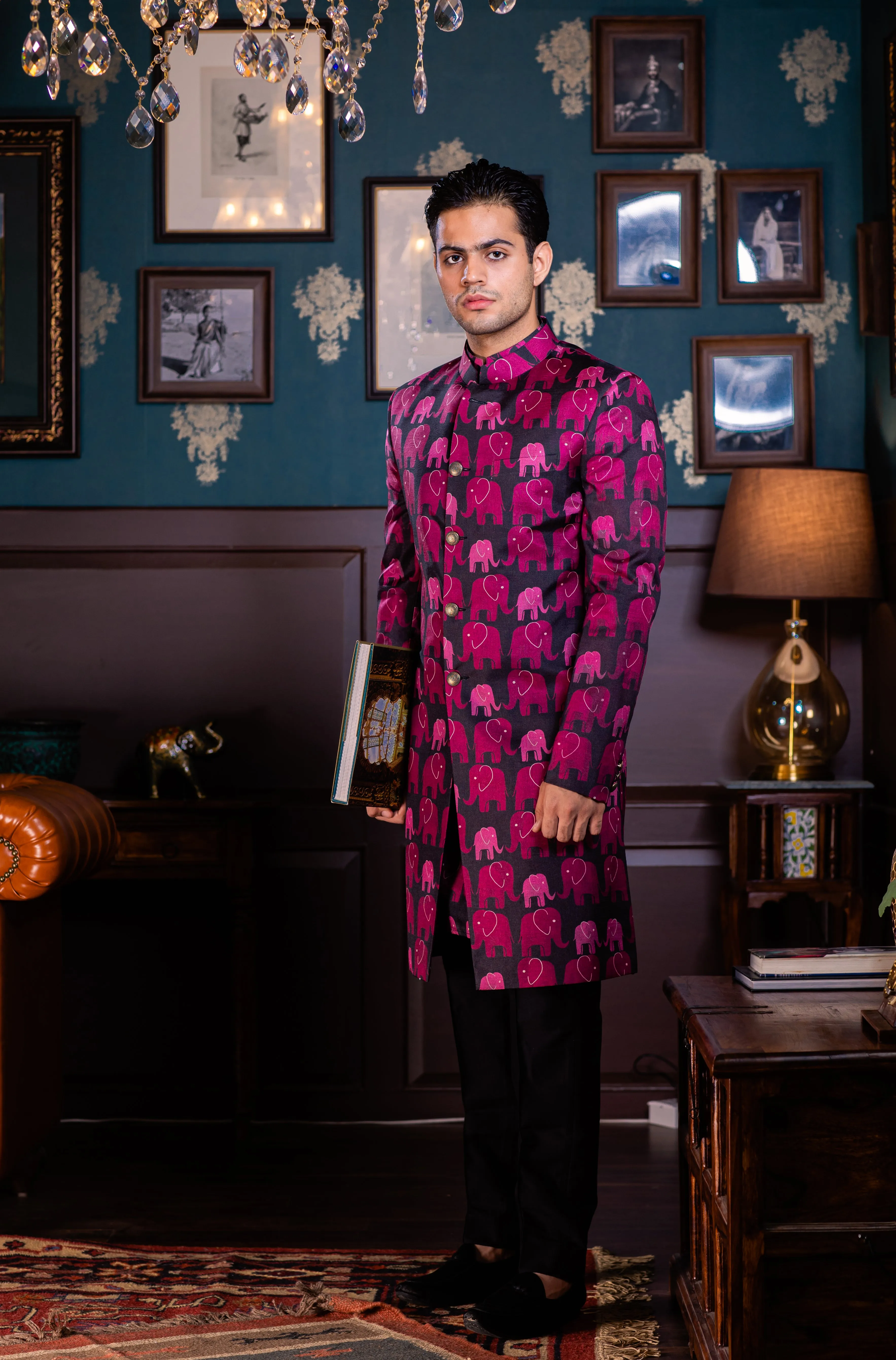 Elephant Crossing - Printed Silk Achkan Set