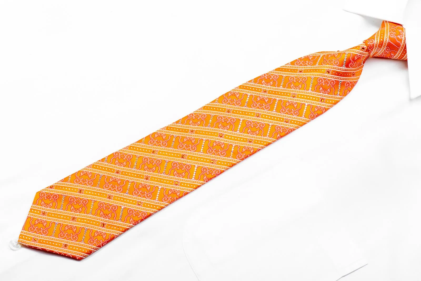 Franco Ferraro Rhinestone Necktie Striped & Cartouche On Orange With Sparkles