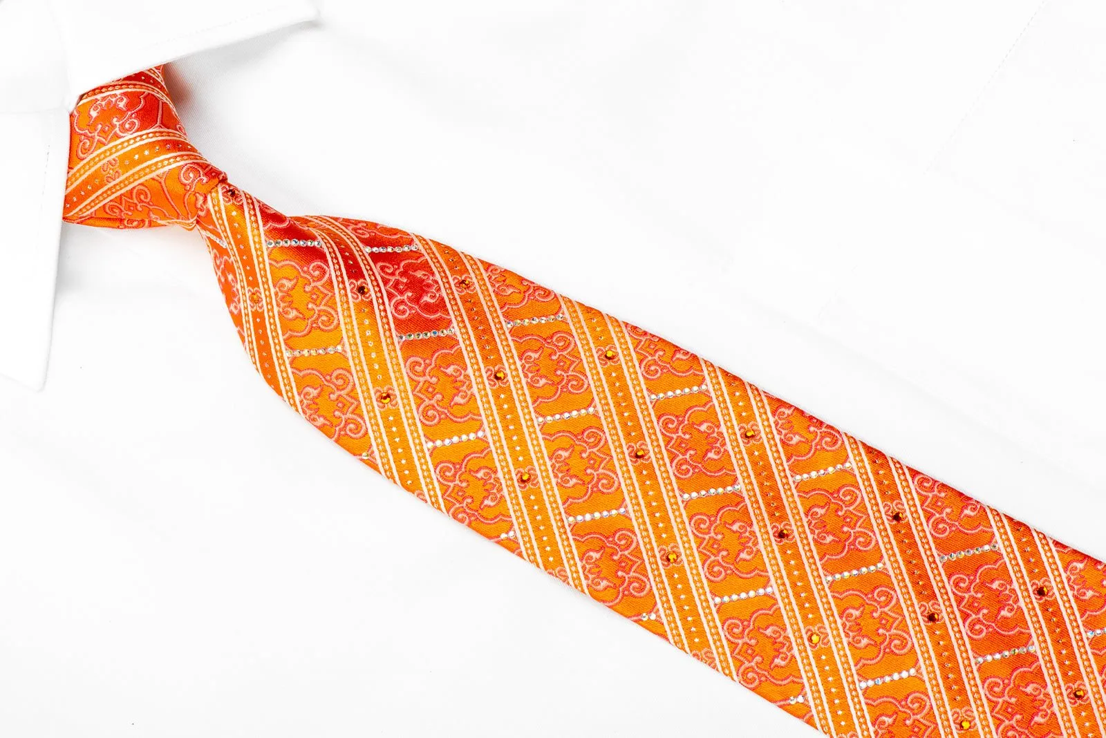 Franco Ferraro Rhinestone Necktie Striped & Cartouche On Orange With Sparkles