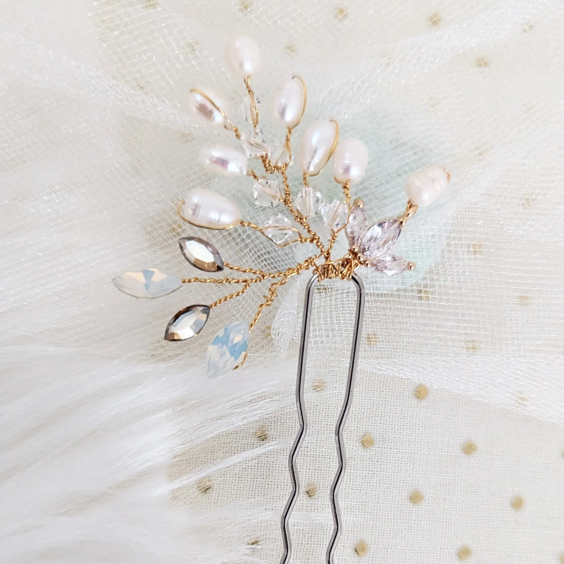 Freshwater Pearl & Crystal Leaf Hair Pin