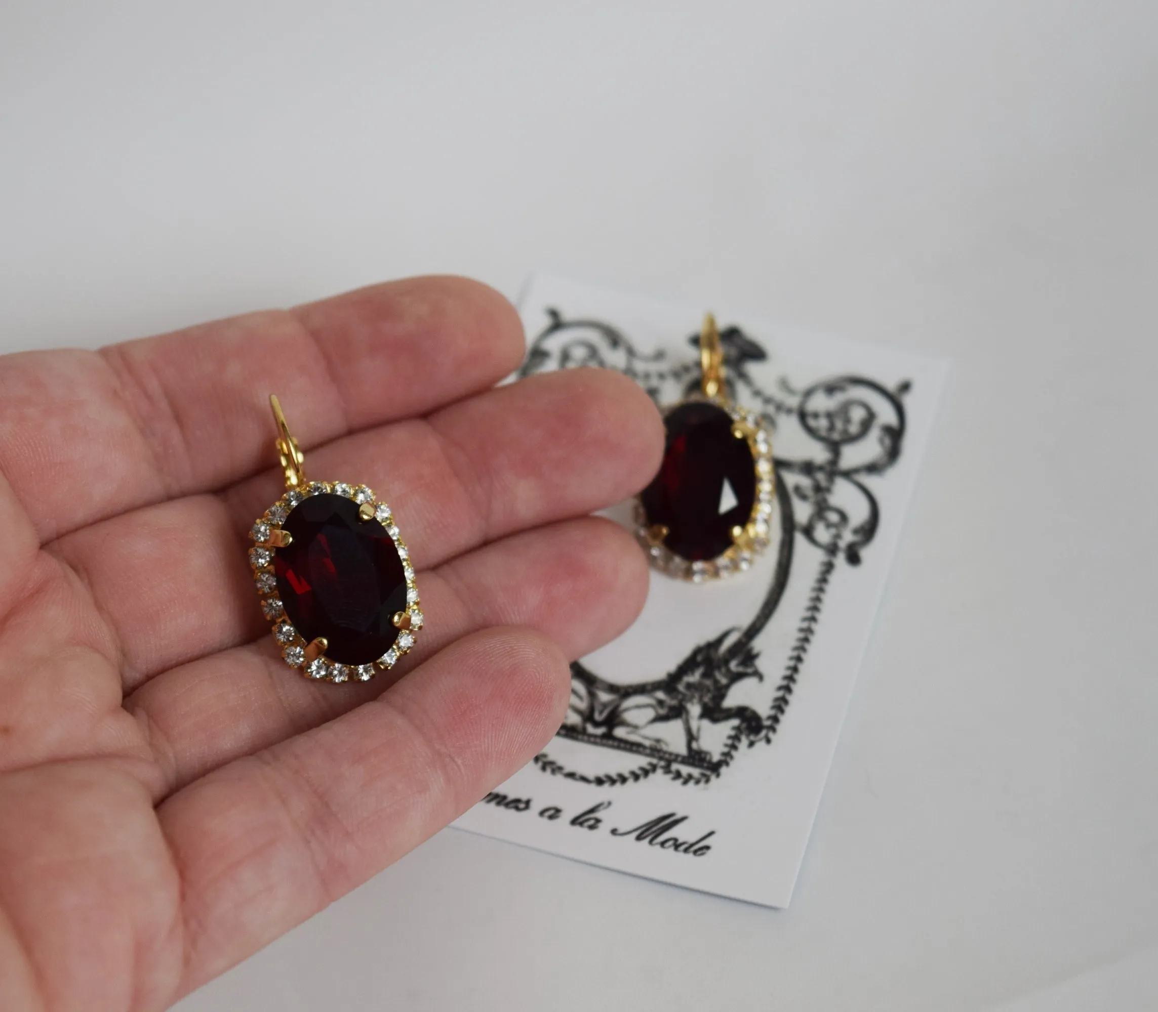 Garnet Swarovski Halo Crystal Earrings - Large Oval