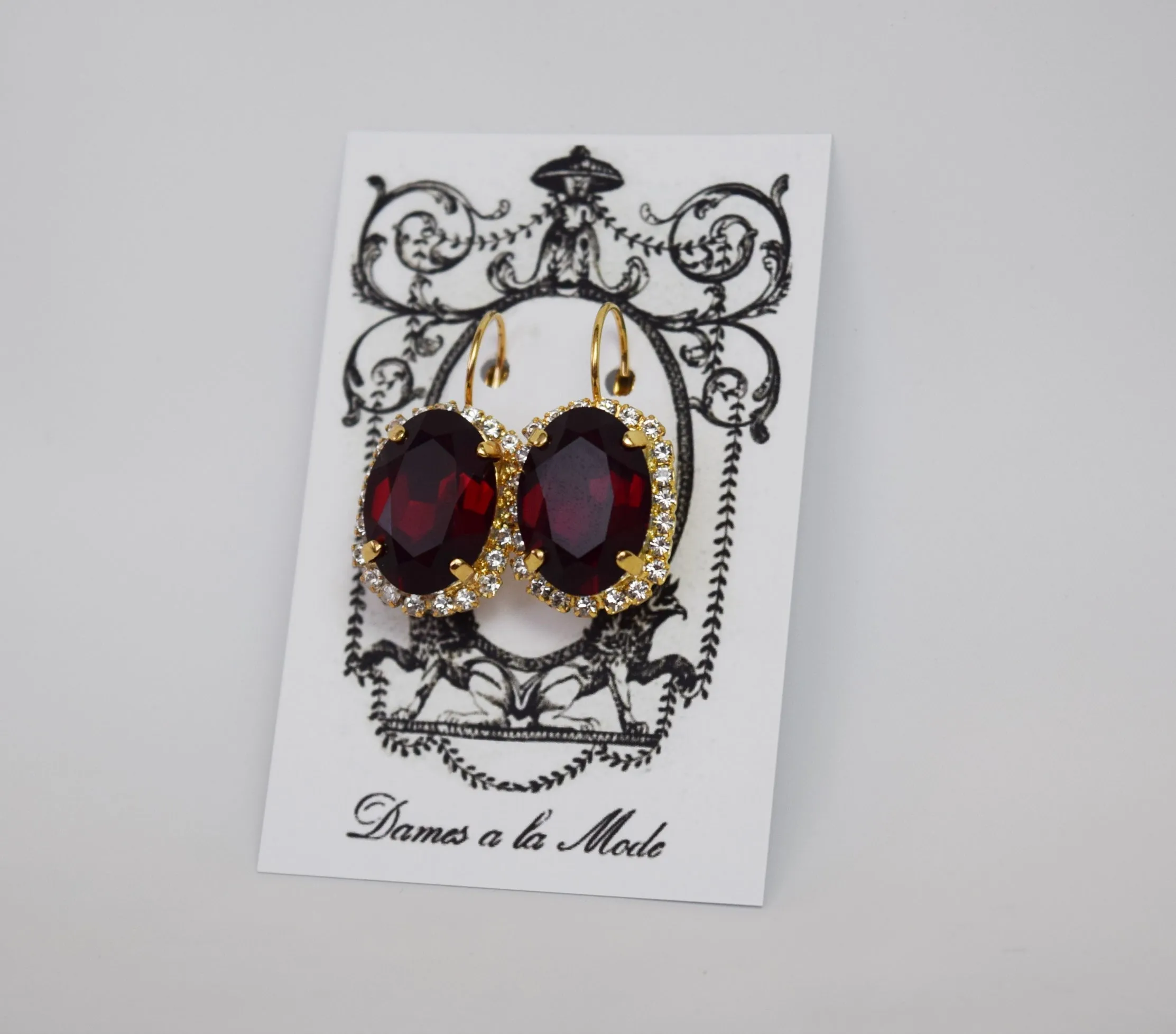 Garnet Swarovski Halo Crystal Earrings - Large Oval