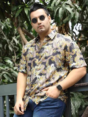 Golden Dragon Printed Silk Half Shirt Men's Plus Size